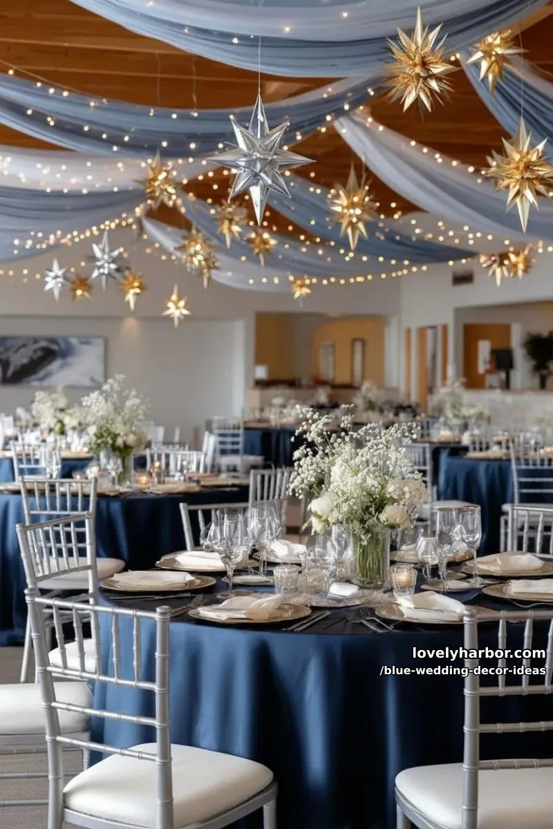 midnight blue draped ceiling with fairy lights and hanging star decor 1