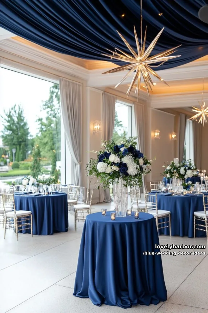 midnight blue draped ceiling with fairy lights and hanging star decor 1