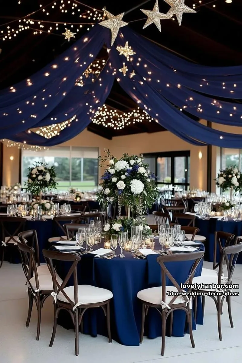 midnight blue draped ceiling with fairy lights and hanging star decor 1