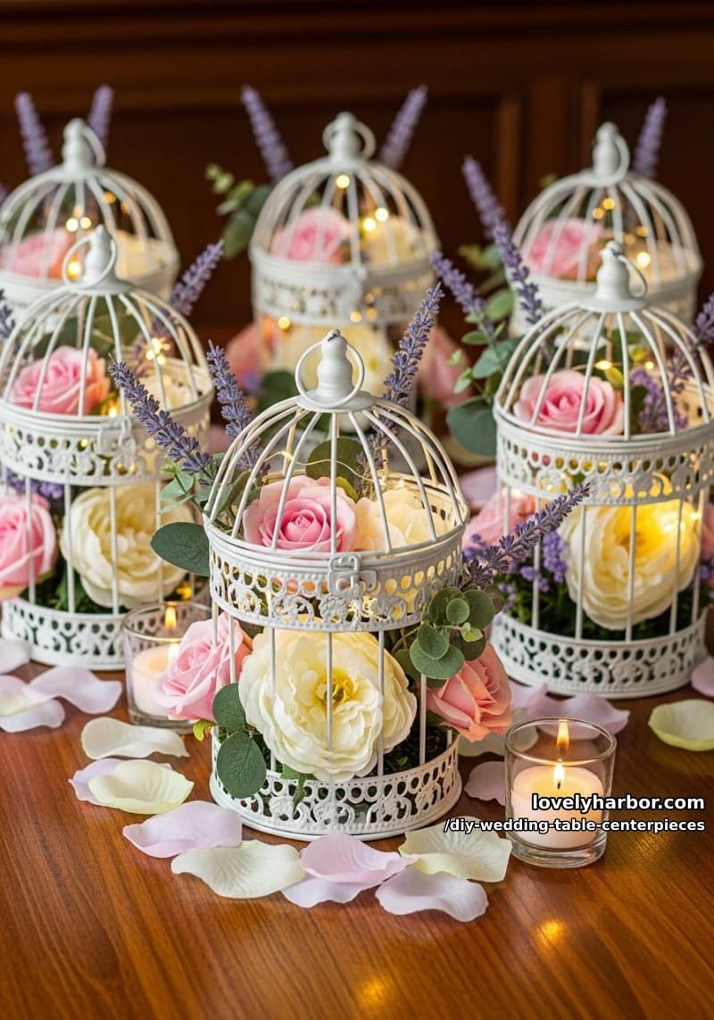 mini birdcages filled with silk florals and twinkle lights 1