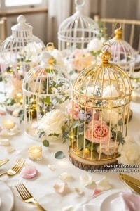 mini birdcages filled with silk florals and twinkle lights 20