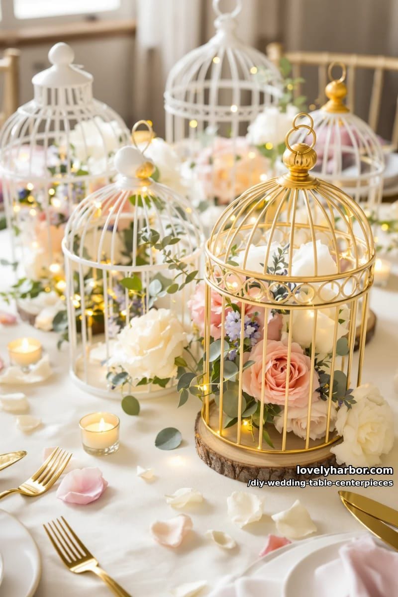 mini birdcages filled with silk florals and twinkle lights 1