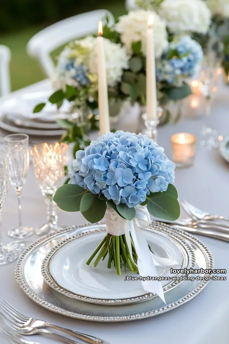 mini blue hydrangea posies at each place setting on silver chargers 1
