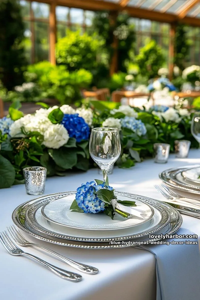 mini blue hydrangea posies at each place setting on silver chargers 1