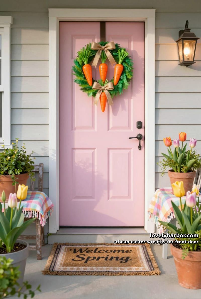 mini carrot wreath with orange plastic eggs and green raffia 1