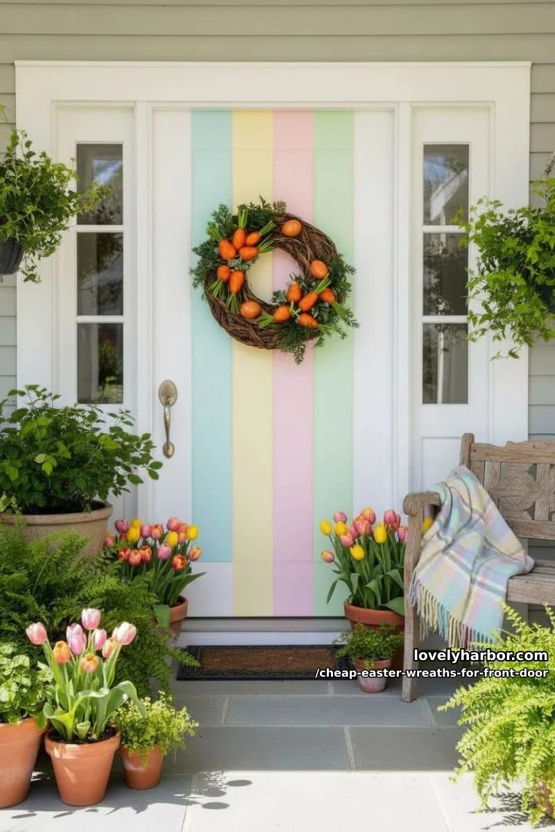 mini carrot wreath with orange plastic eggs and green raffia 1