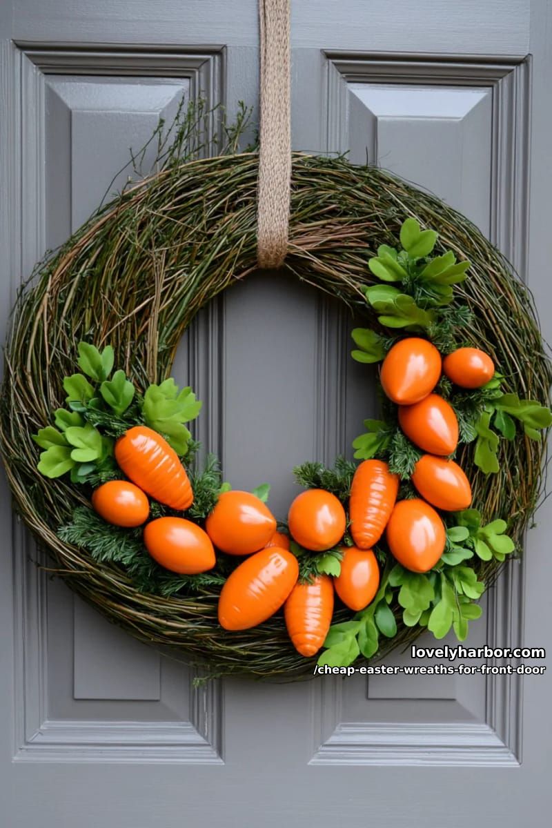 mini carrot wreath with orange plastic eggs and green raffia 1