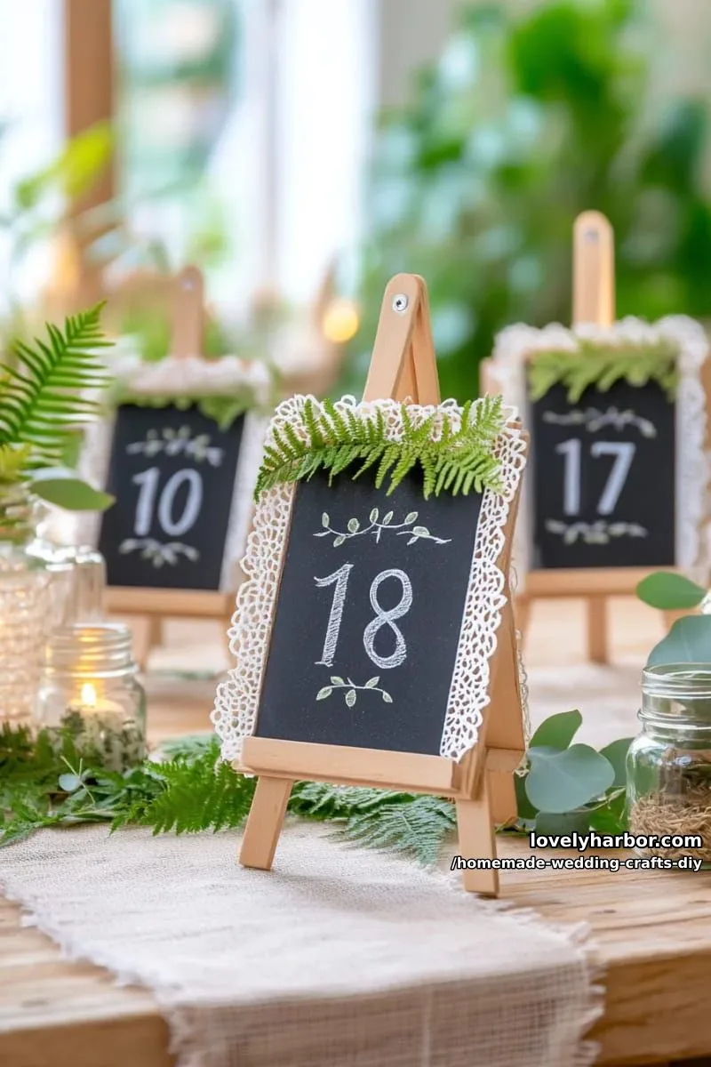 19 Homemade Wedding Crafts DIY To Wow Your Guests 27 mini chalkboard easel table numbers with botanical or greenery borders 1
