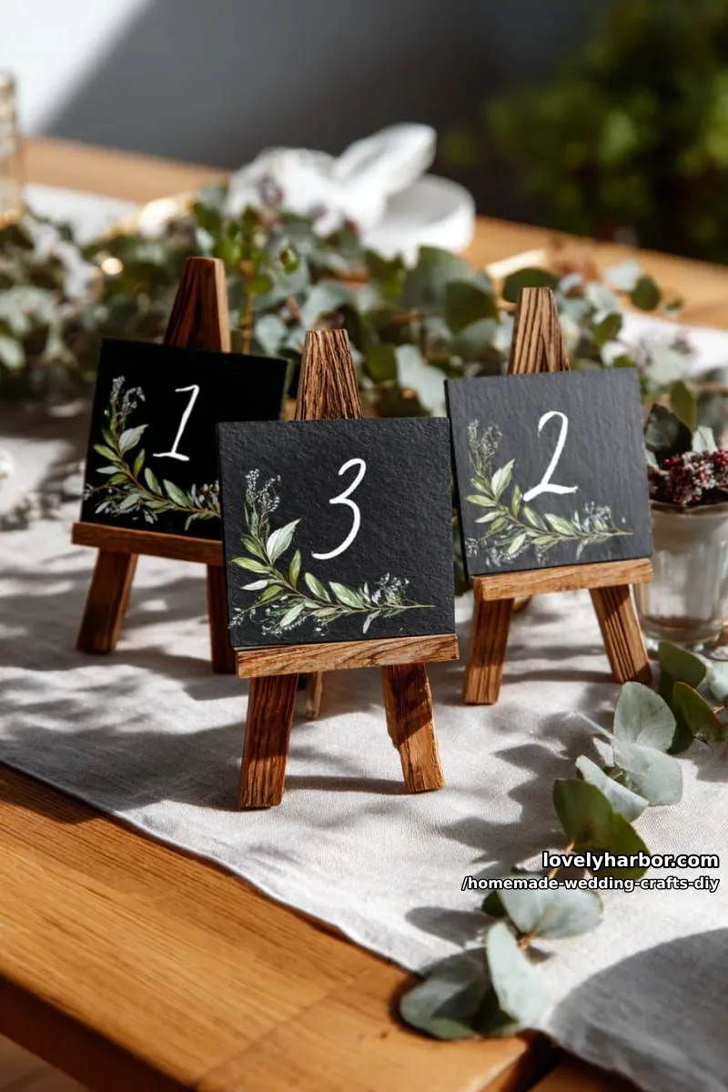 19 Homemade Wedding Crafts DIY To Wow Your Guests 29 mini chalkboard easel table numbers with botanical or greenery borders 1