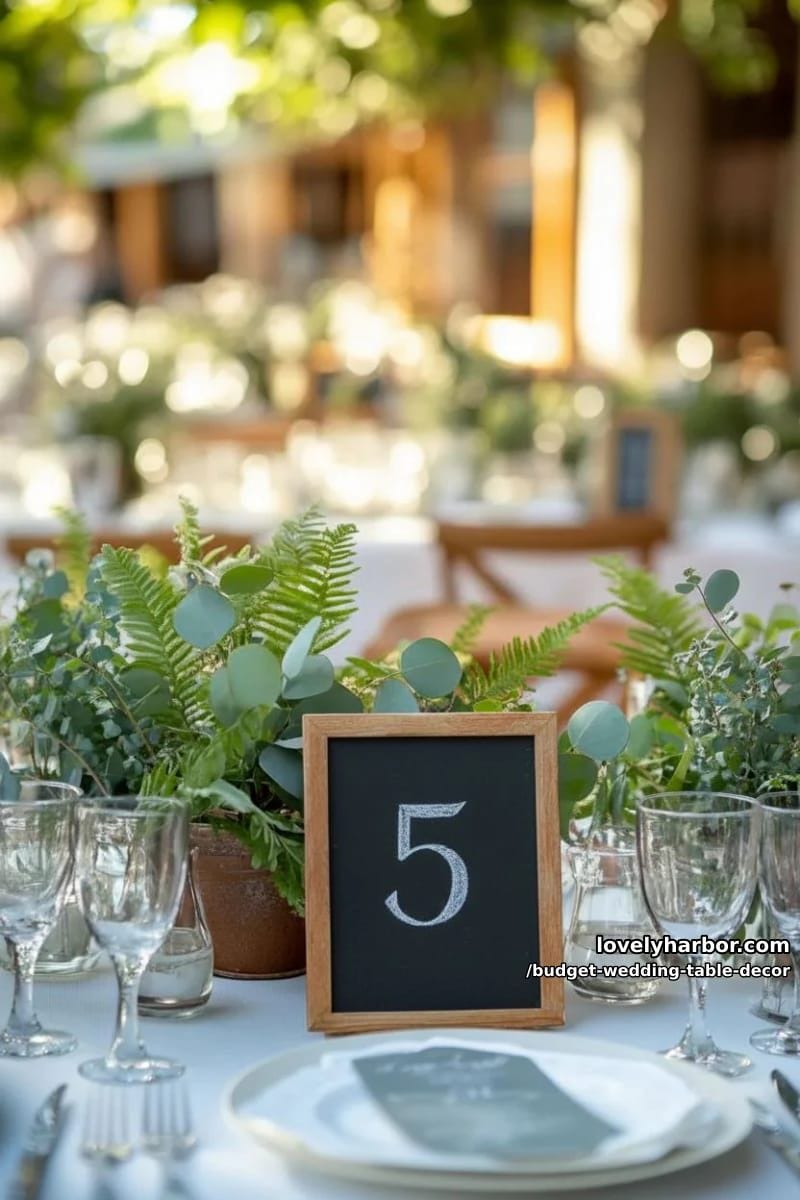 mini chalkboard signs with table numbers nestled in clusters of faux greenery 1