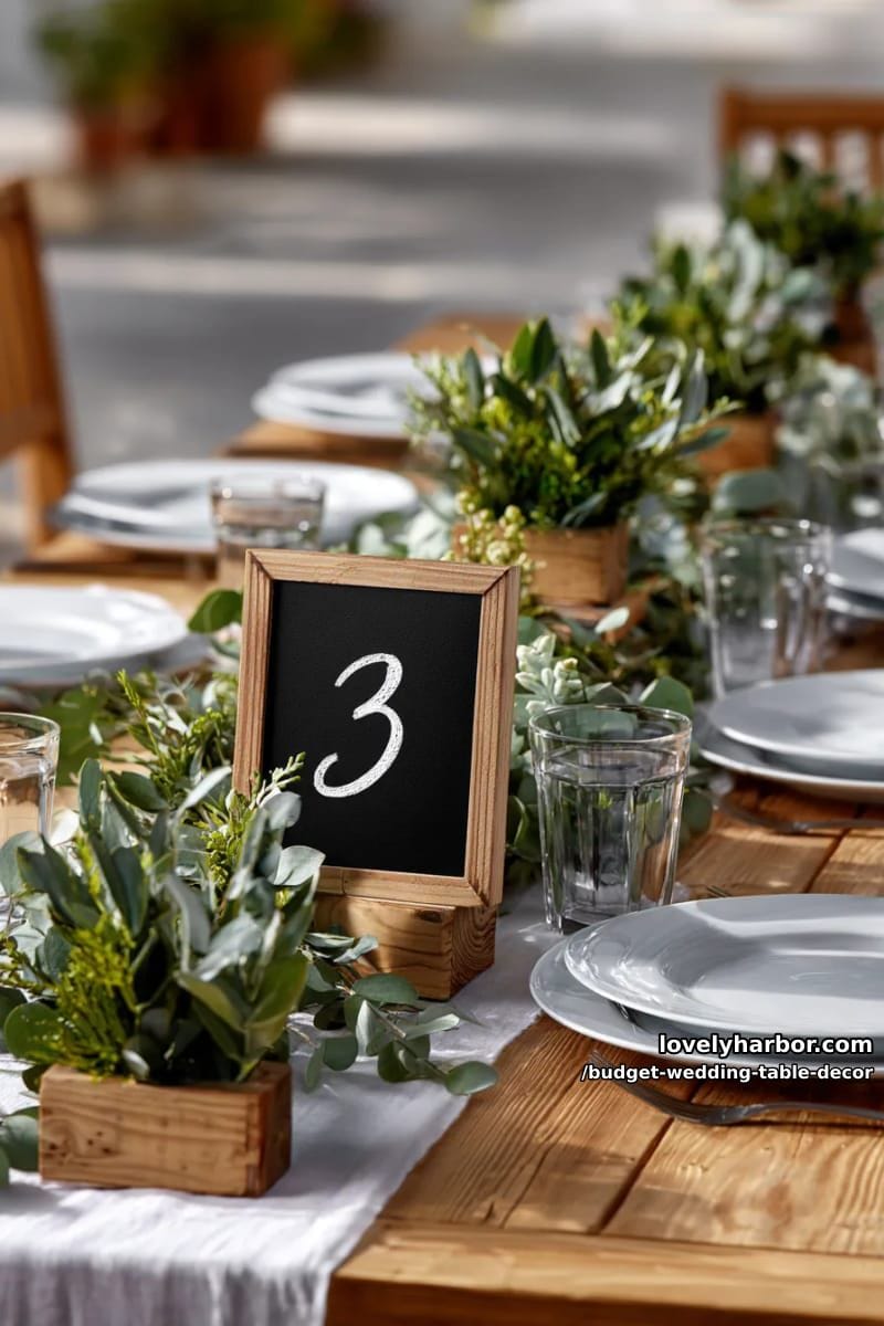 mini chalkboard signs with table numbers nestled in clusters of faux greenery 1