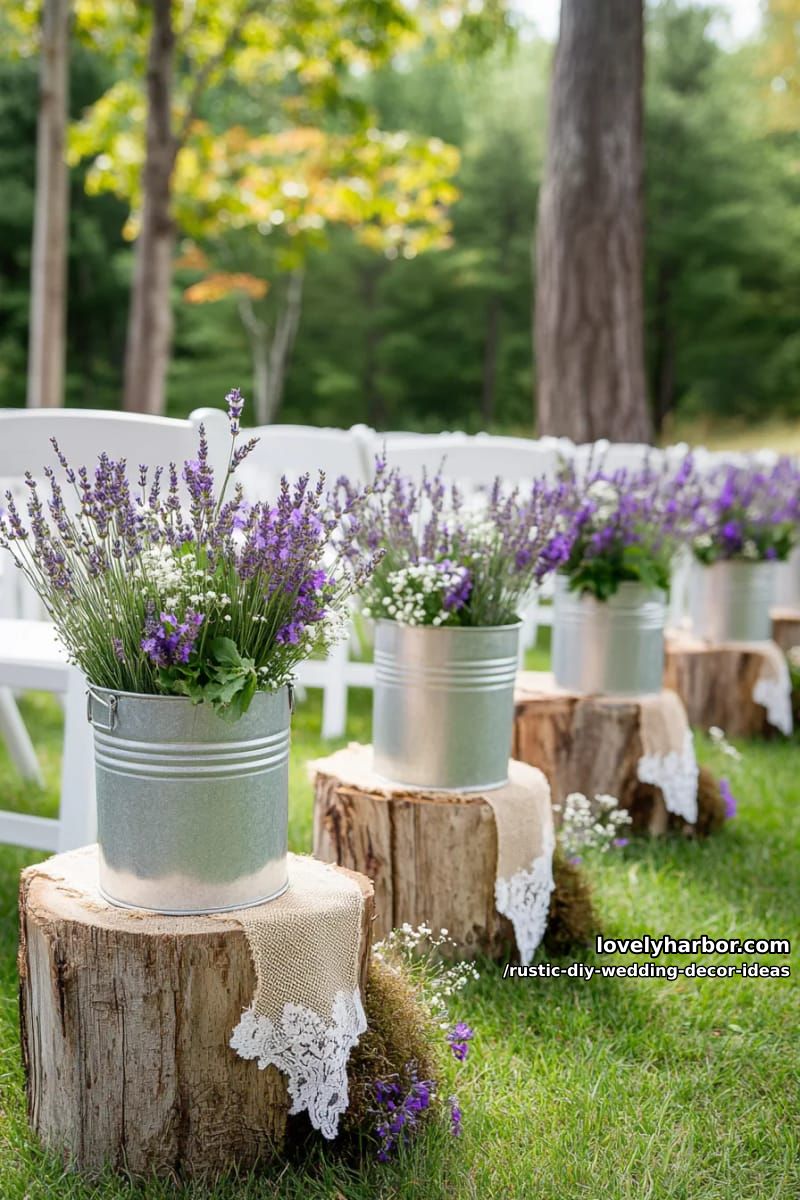 mini galvanized buckets filled with lavender for aisle decor 1