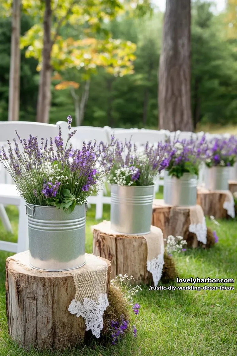 19 Rustic DIY Wedding Decor Ideas with Dreamy Vibes 25 mini galvanized buckets filled with lavender for aisle decor 1