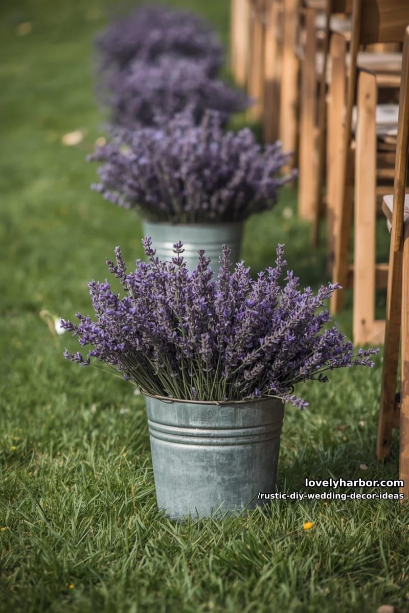 mini galvanized buckets filled with lavender for aisle decor 1
