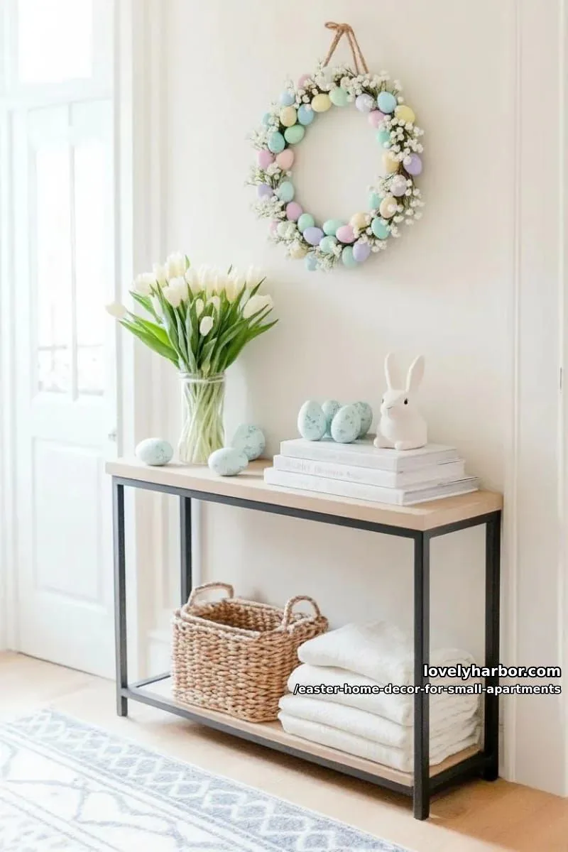 mini pastel egg wreaths hanging above a compact entryway table 1