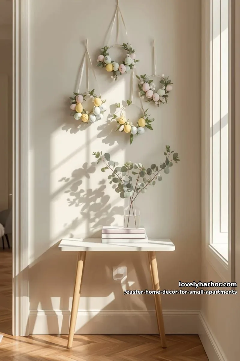 mini pastel egg wreaths hanging above a compact entryway table 1