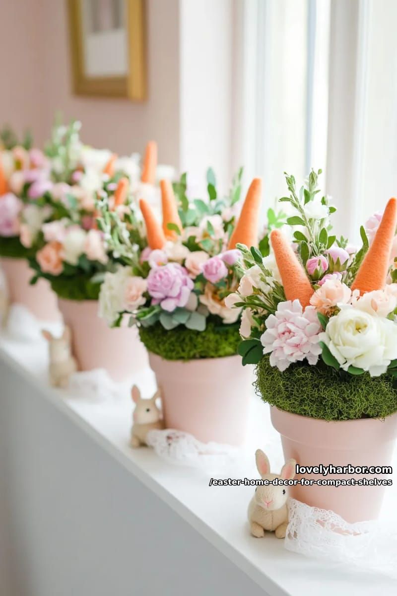 mini pastel-painted terracota pots with felt carrots and wildflowers 1