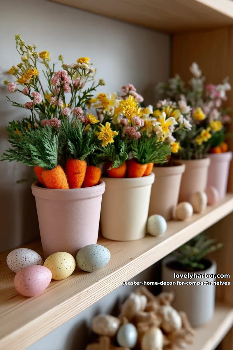mini pastel-painted terracota pots with felt carrots and wildflowers 1