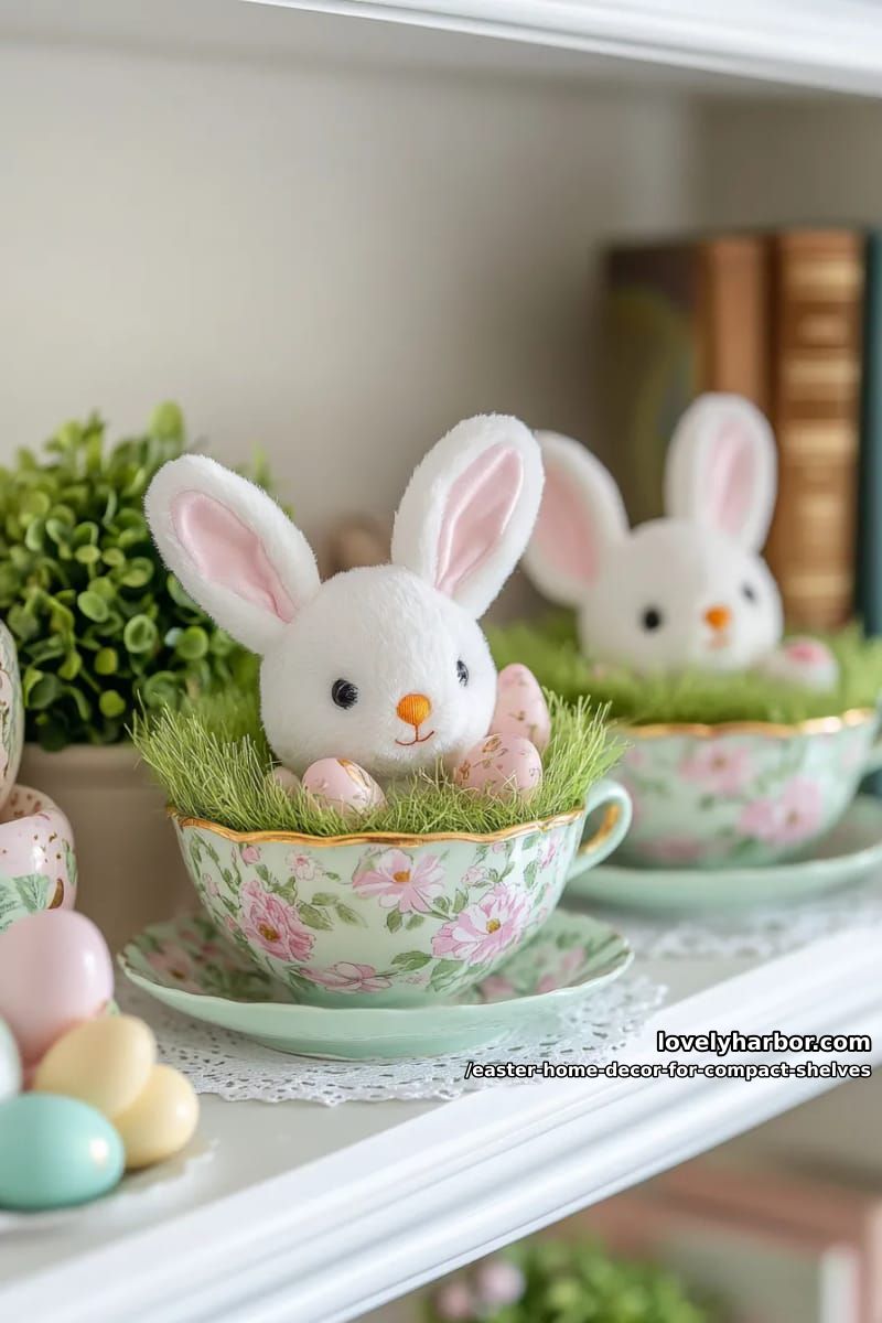 mini plush bunnies on grass inside vintage teacups 1