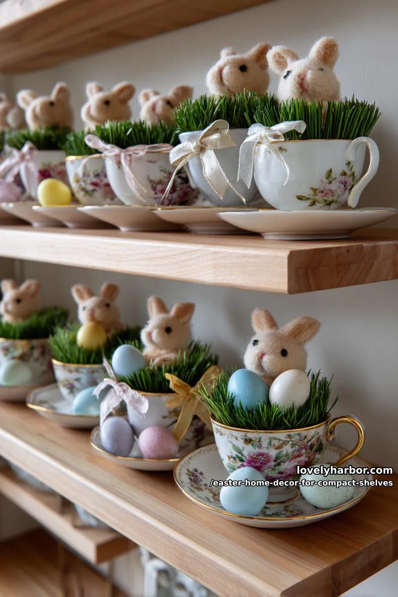 mini plush bunnies on grass inside vintage teacups 1