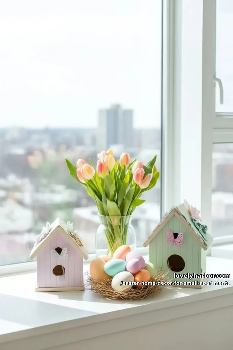 miniature birdhouses painted in spring colors for windowsill decor 1