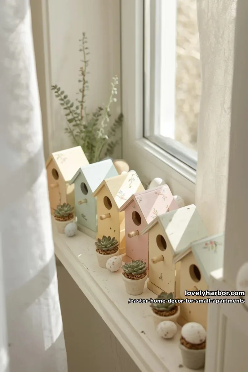 miniature birdhouses painted in spring colors for windowsill decor 1