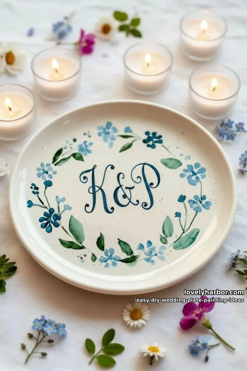 minimal blue floral garland circling the rim with initials in the center 1