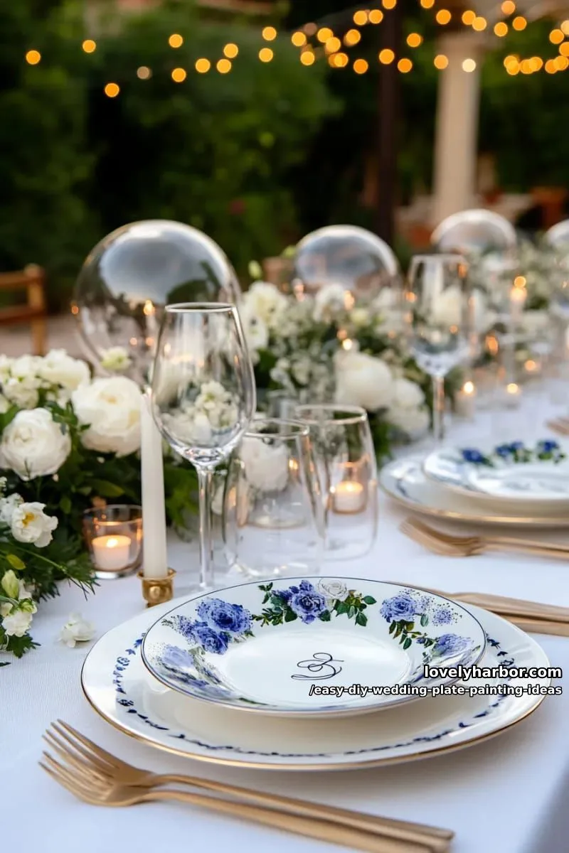 minimal blue floral garland circling the rim with initials in the center 1