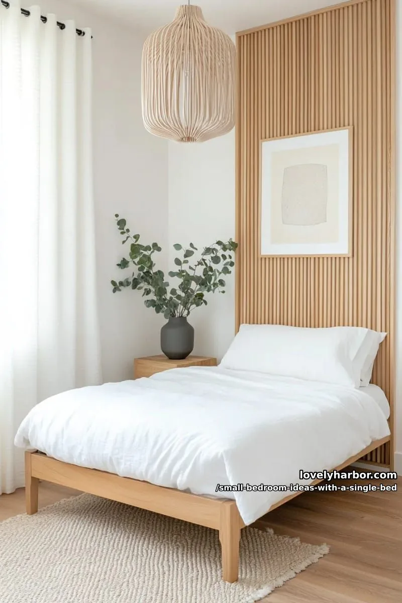 minimal single bed beneath a dramatic statement pendant and soft white bedding. 1