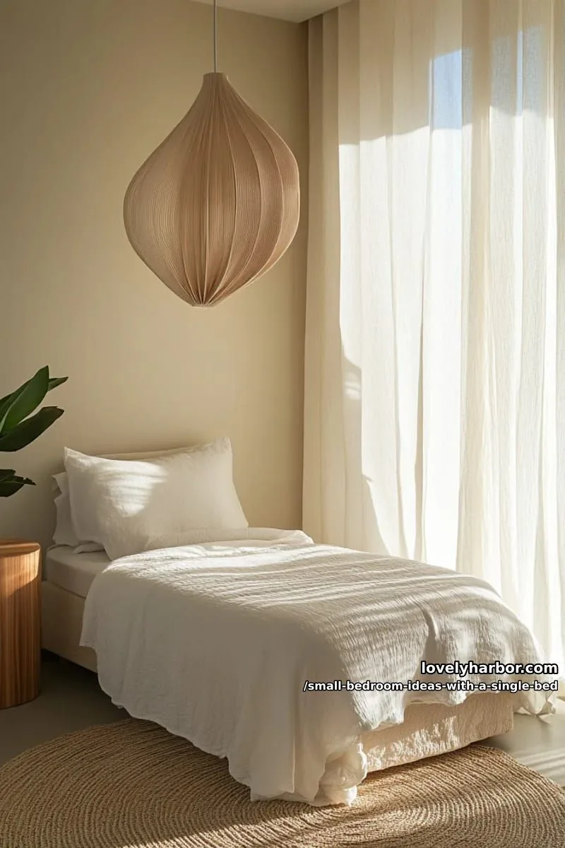 minimal single bed beneath a dramatic statement pendant and soft white bedding. 1