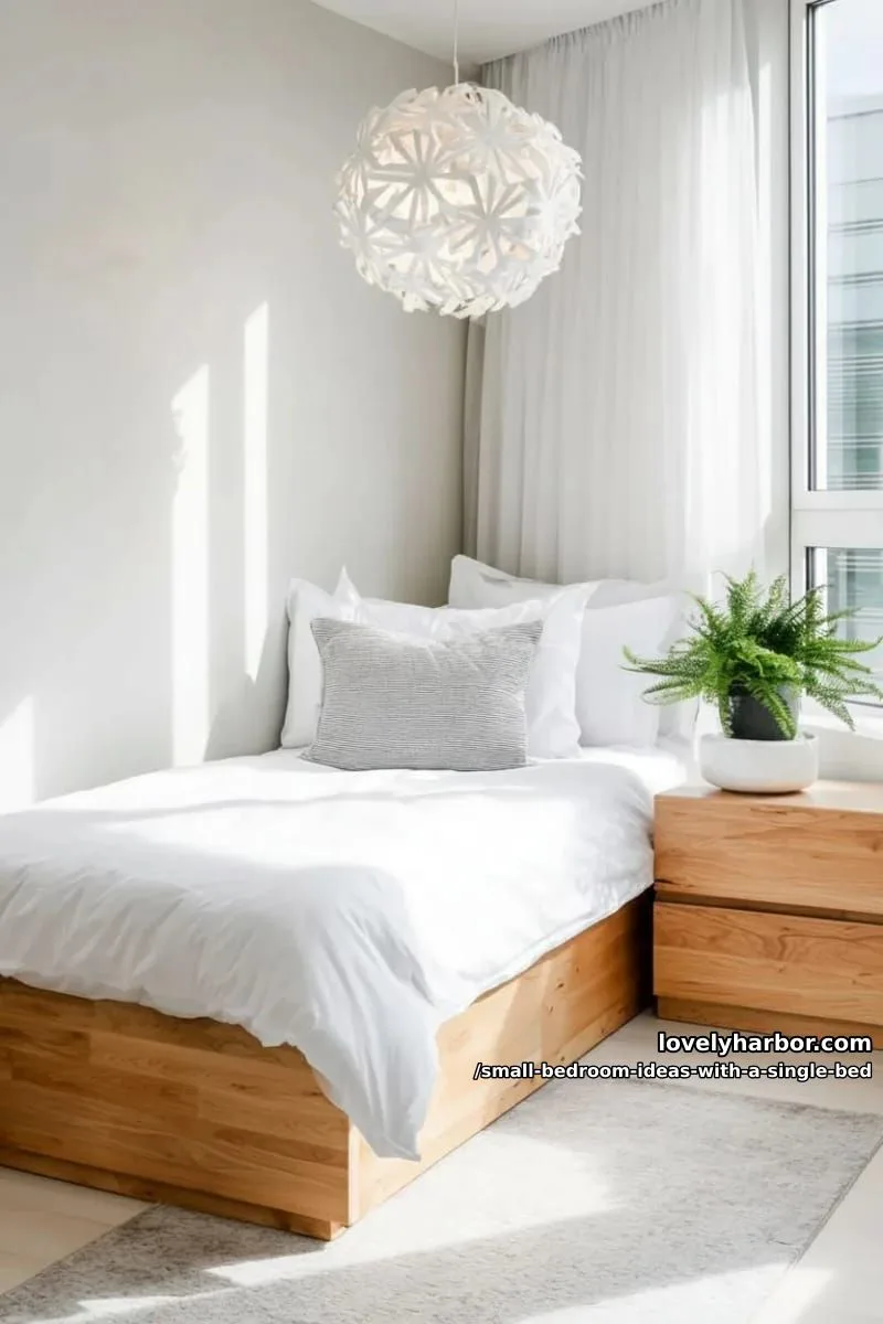 minimal single bed beneath a dramatic statement pendant and soft white bedding. 1