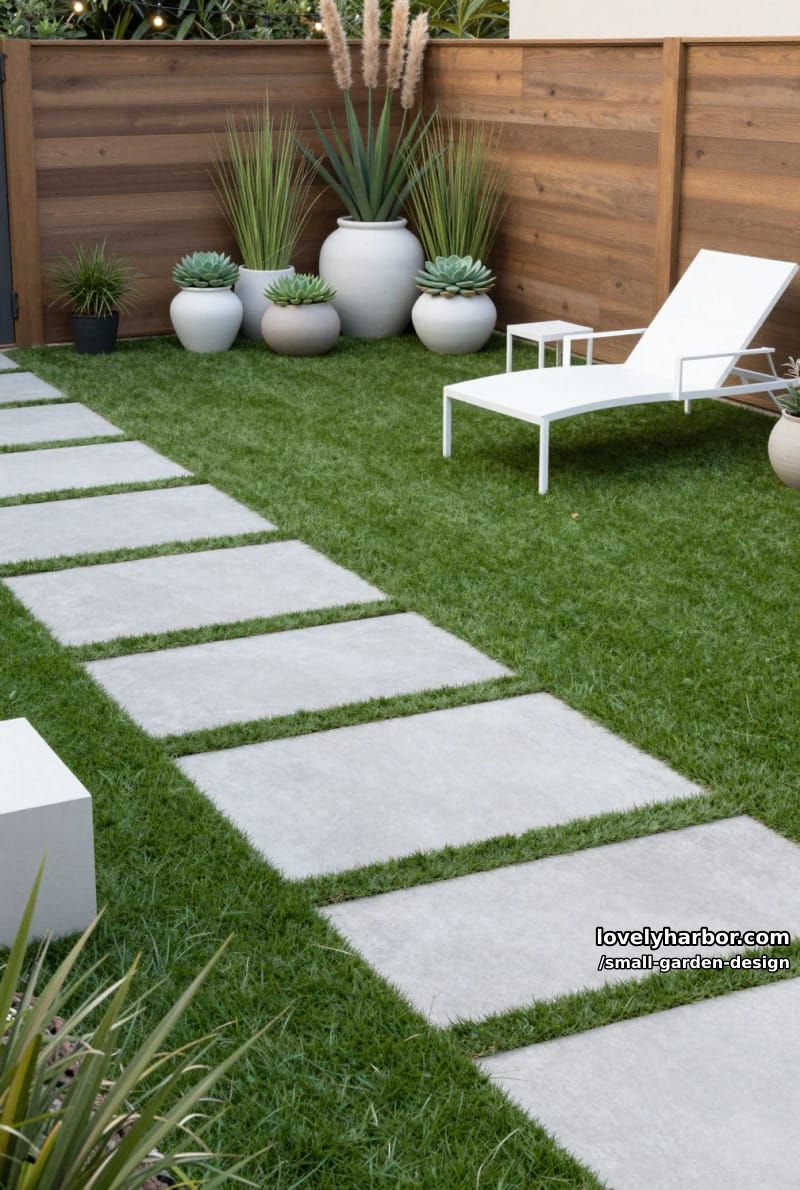 minimalist backyard with artificial grass, concrete pavers, lounge chairs, and potted plants. 1