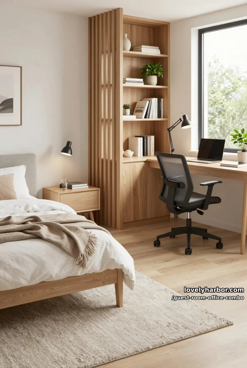 minimalist bedroom workspace divided by wooden slat shelf partition. 1