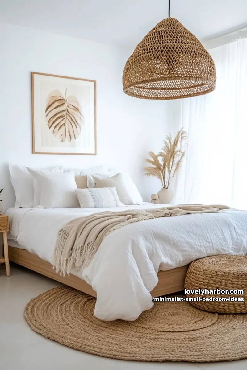 minimalist boho accent using rattan pendant lamp and woven rug 1