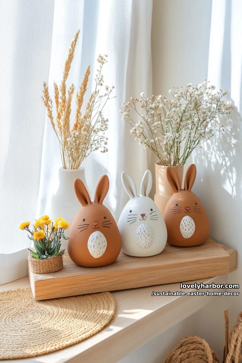 minimalist clay bunny figurines on reclaimed wood shelves 1