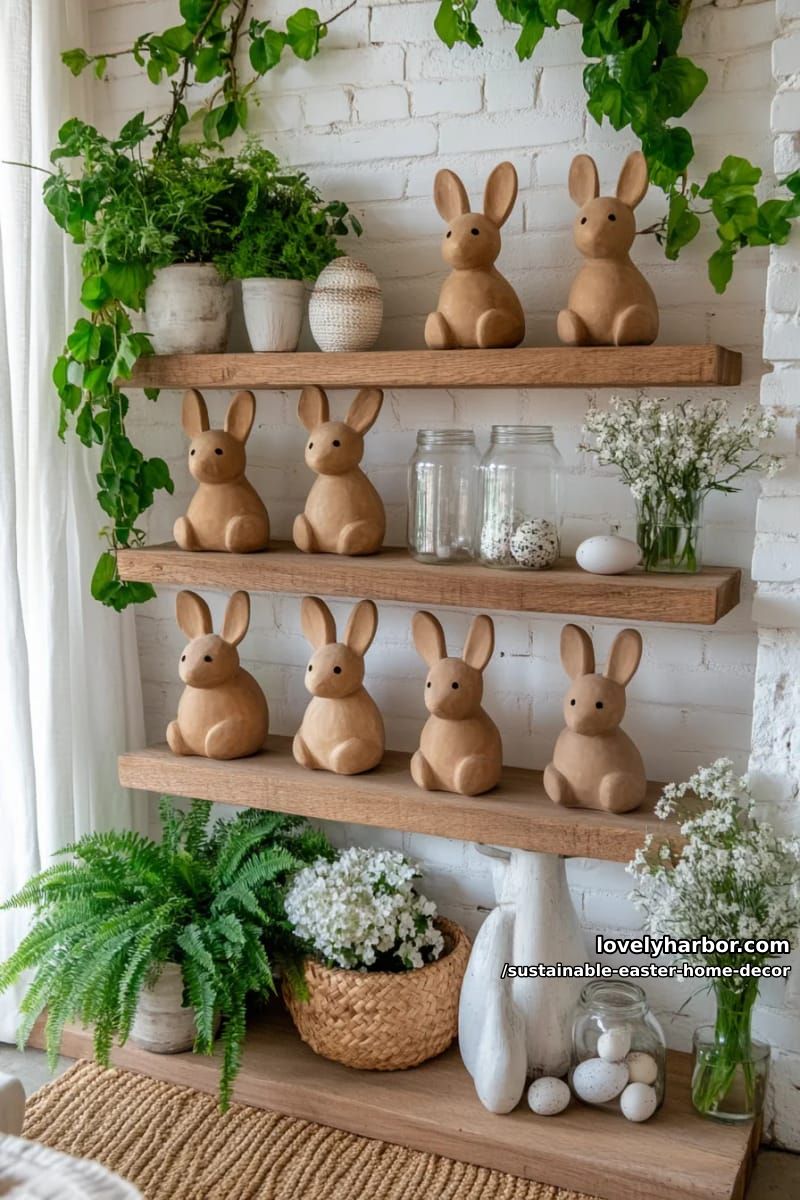 minimalist clay bunny figurines on reclaimed wood shelves 1