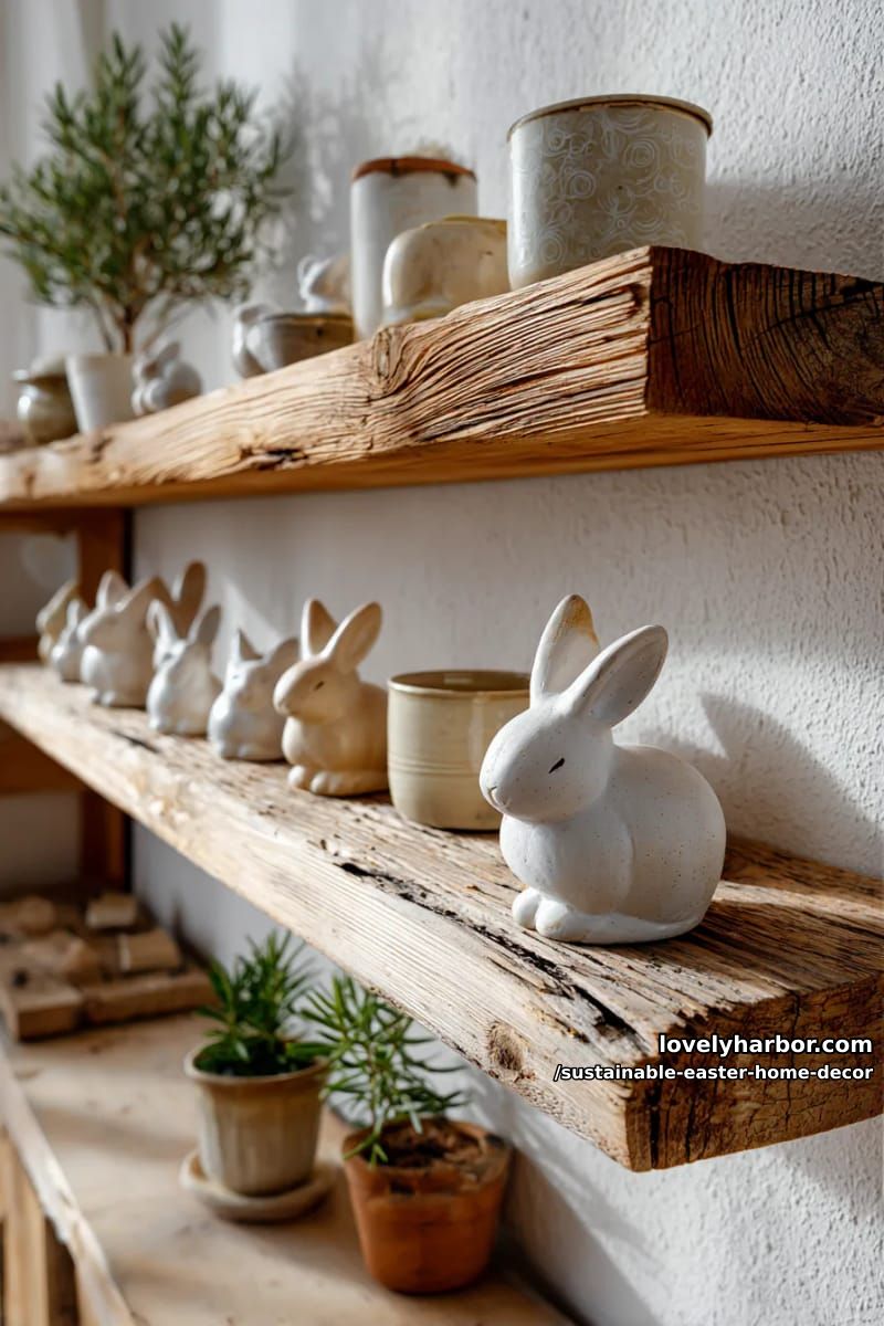 minimalist clay bunny figurines on reclaimed wood shelves 1