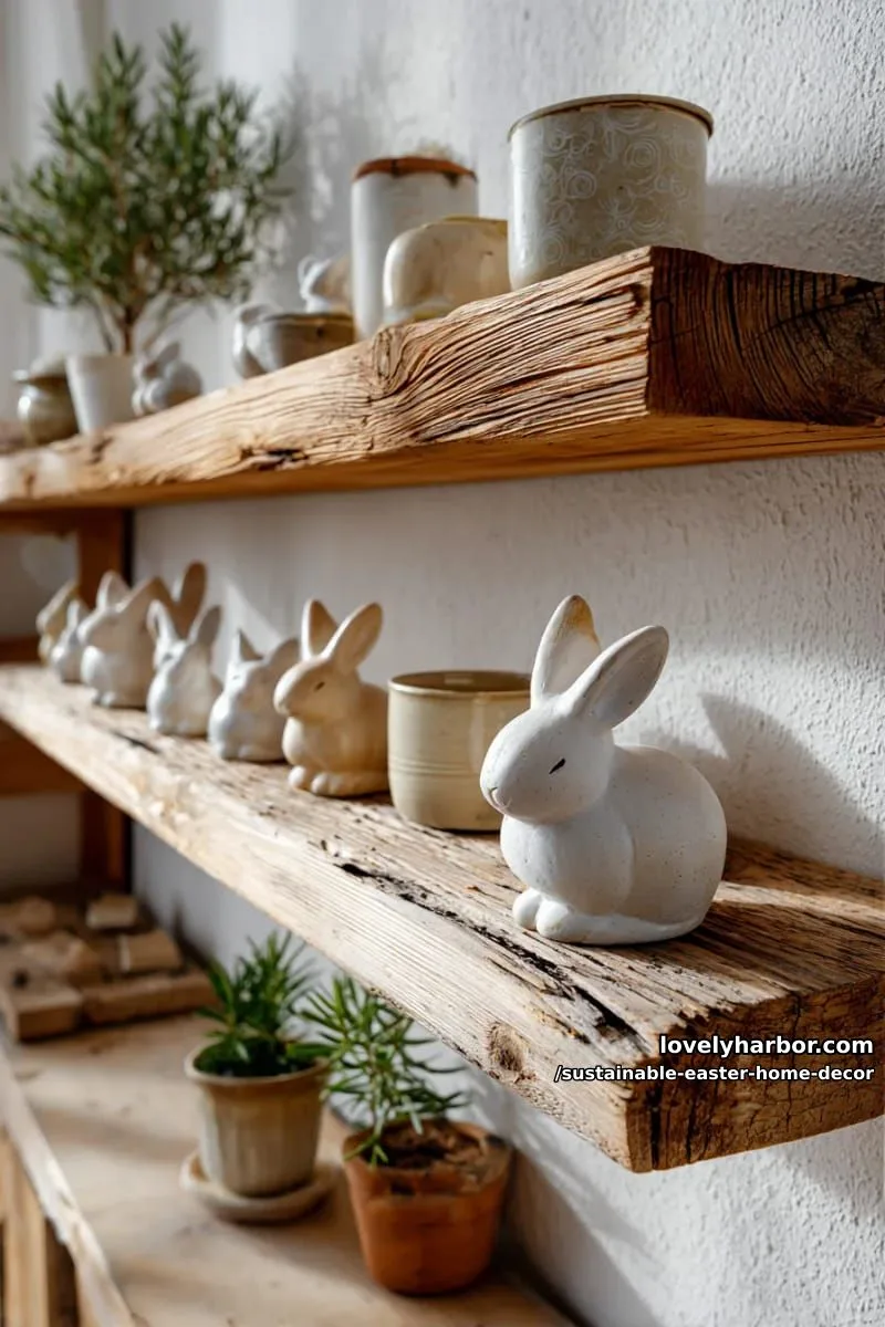 minimalist clay bunny figurines on reclaimed wood shelves 1