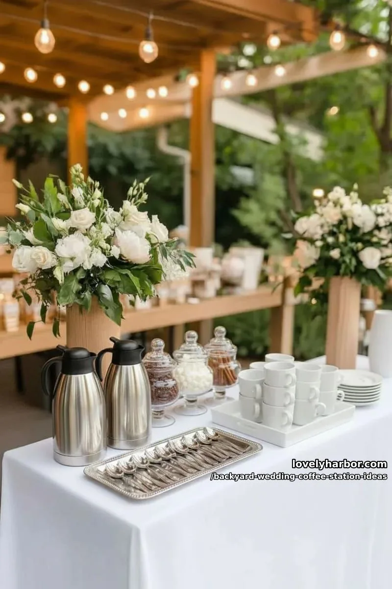 15 Backyard Wedding Coffee Station Ideas For Your Reception 23 minimalist coffee bar with crisp linens and glass canisters of toppings 1