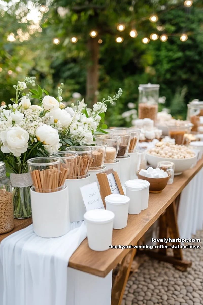 minimalist coffee bar with crisp linens and glass canisters of toppings 1