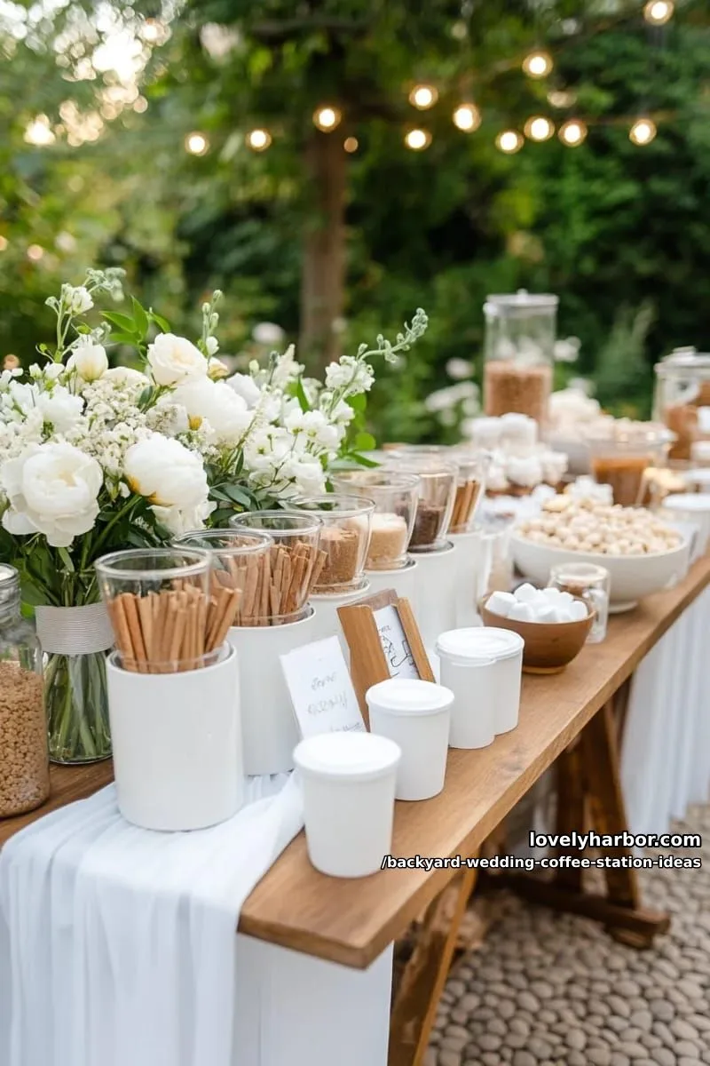 15 Backyard Wedding Coffee Station Ideas For Your Reception 24 minimalist coffee bar with crisp linens and glass canisters of toppings 1