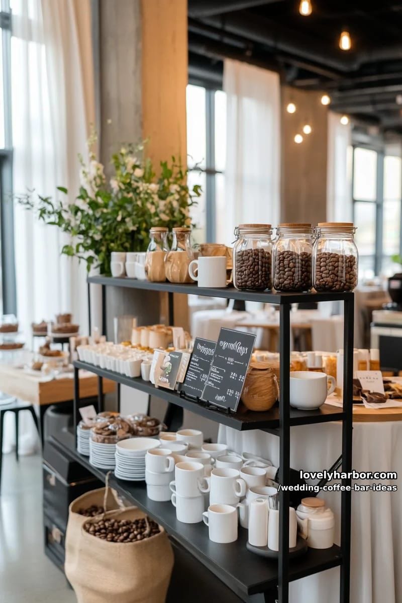 minimalist coffee bar with geometric shelving and monochrome signage 1