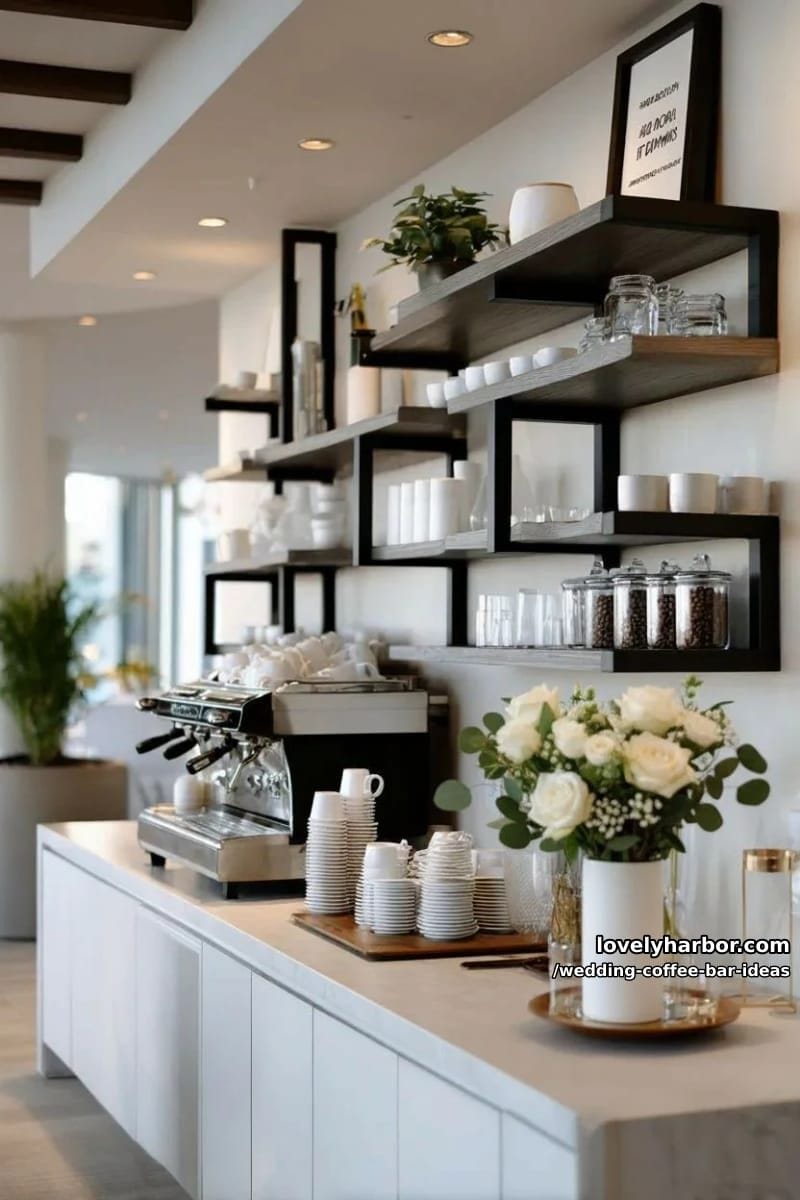 minimalist coffee bar with geometric shelving and monochrome signage 1