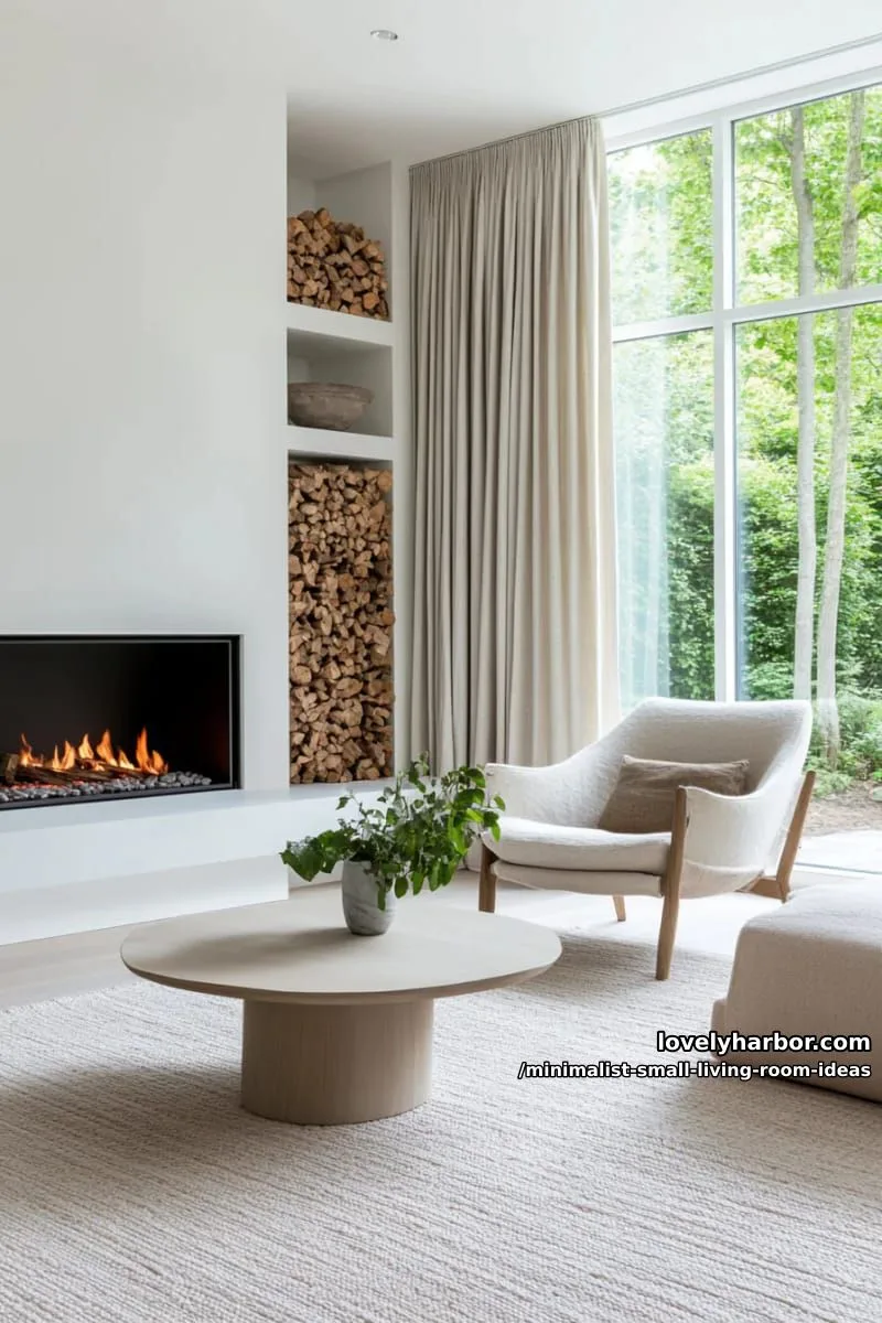 minimalist fireplace with clean lines and floating firewood shelf 1