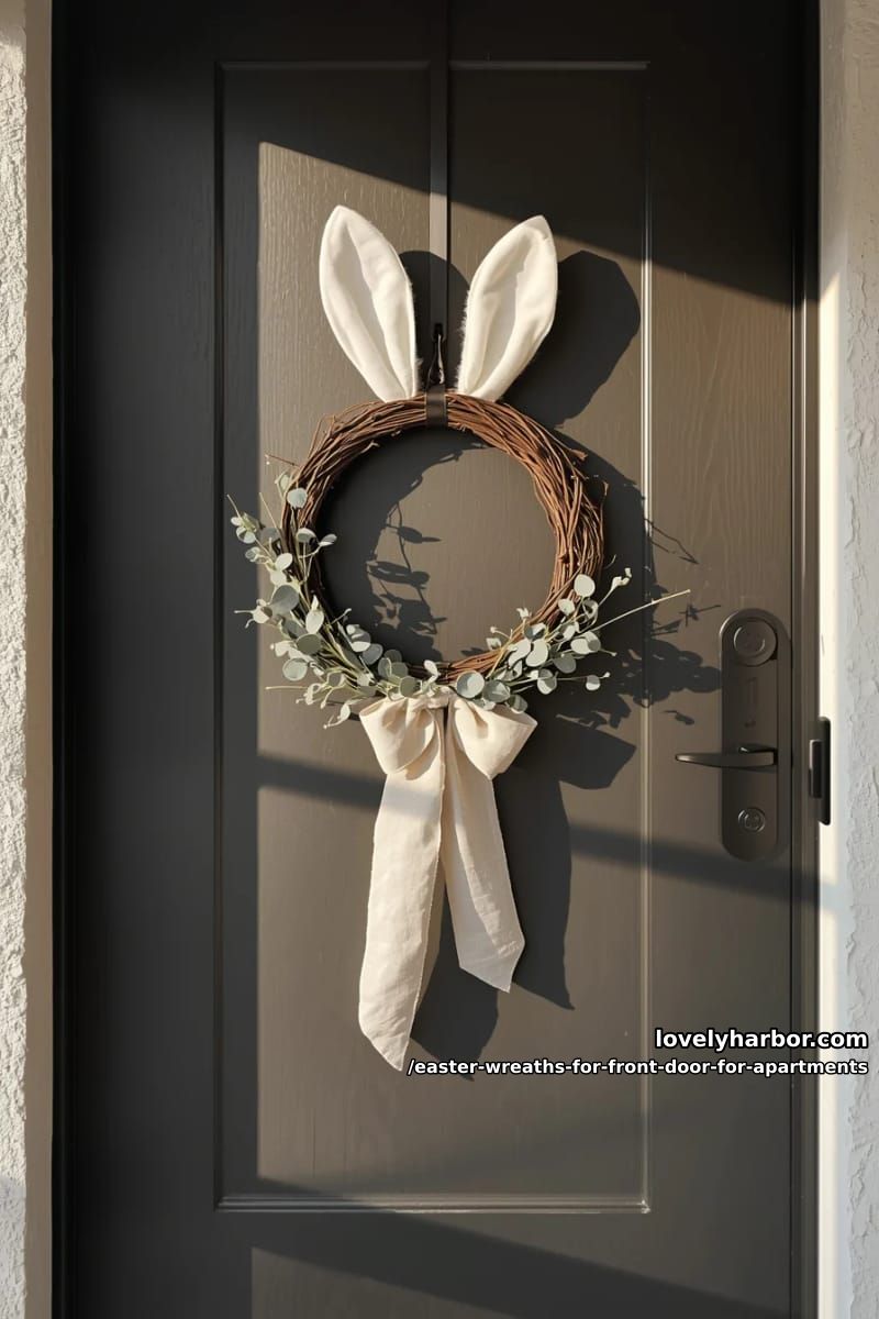 minimalist grapevine wreath with oversized bunny ears and neutral bow 1