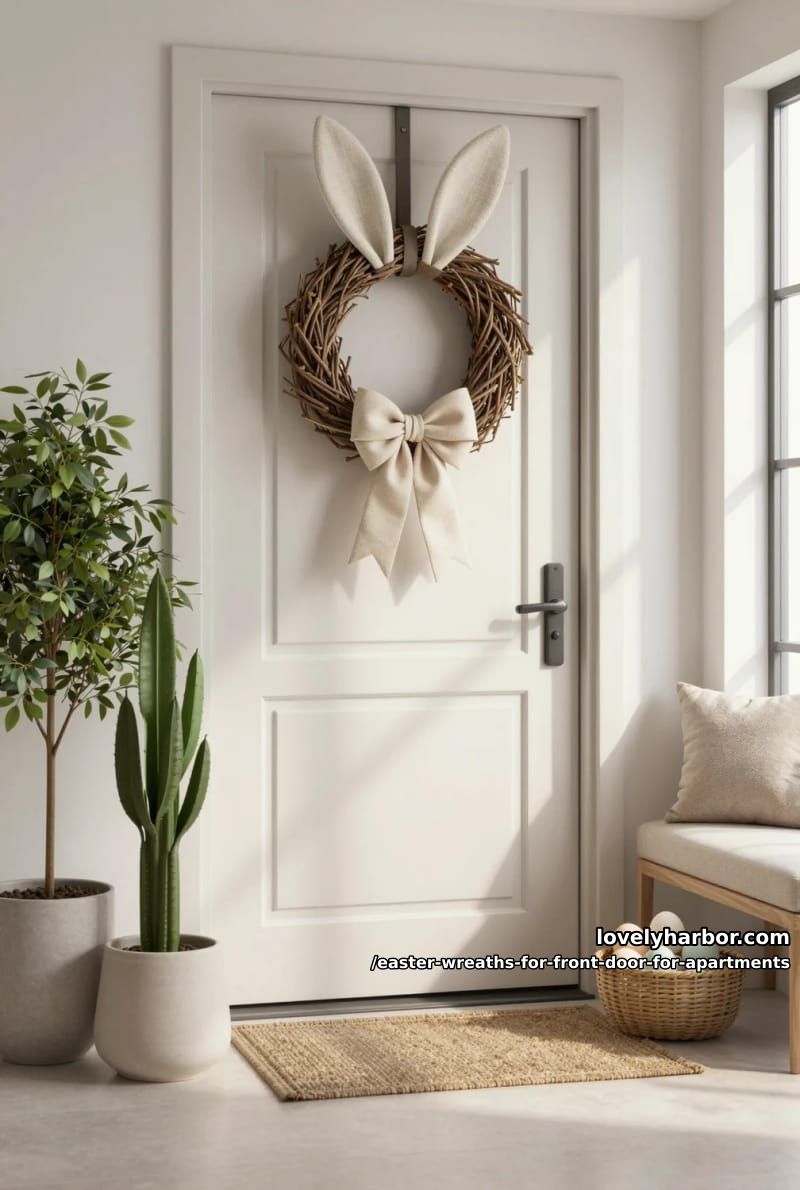 minimalist grapevine wreath with oversized bunny ears and neutral bow 1