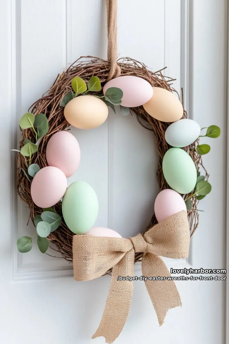 minimalist grapevine wreath with pastel plastic eggs and burlap ribbon bow 1