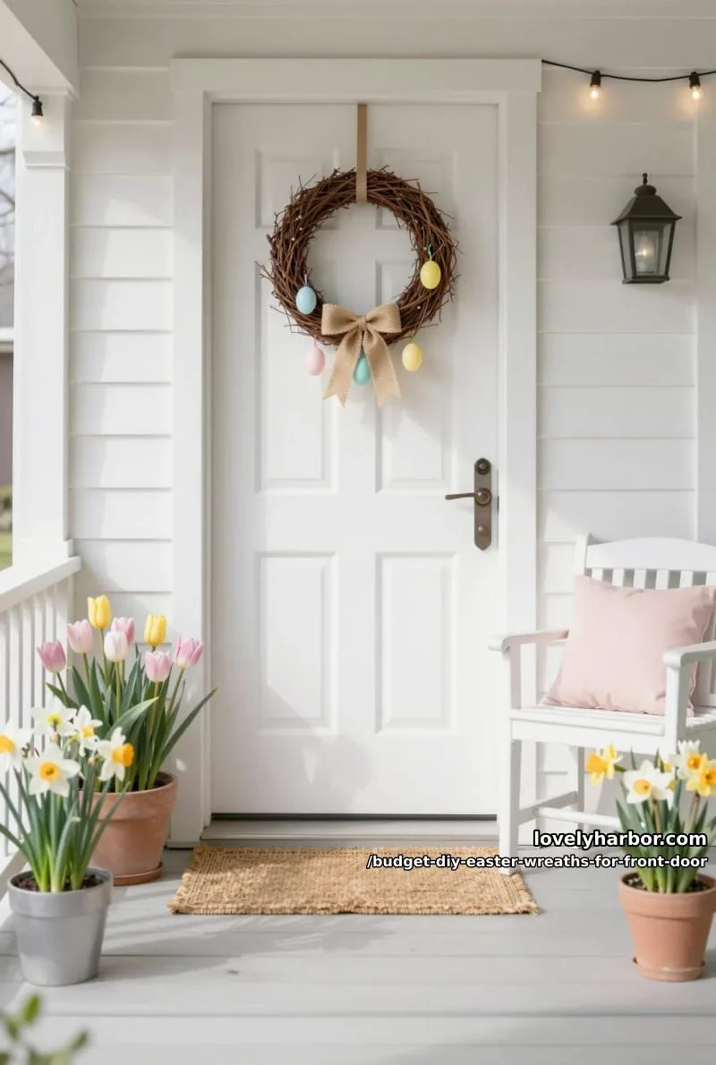 minimalist grapevine wreath with pastel plastic eggs and burlap ribbon bow 1