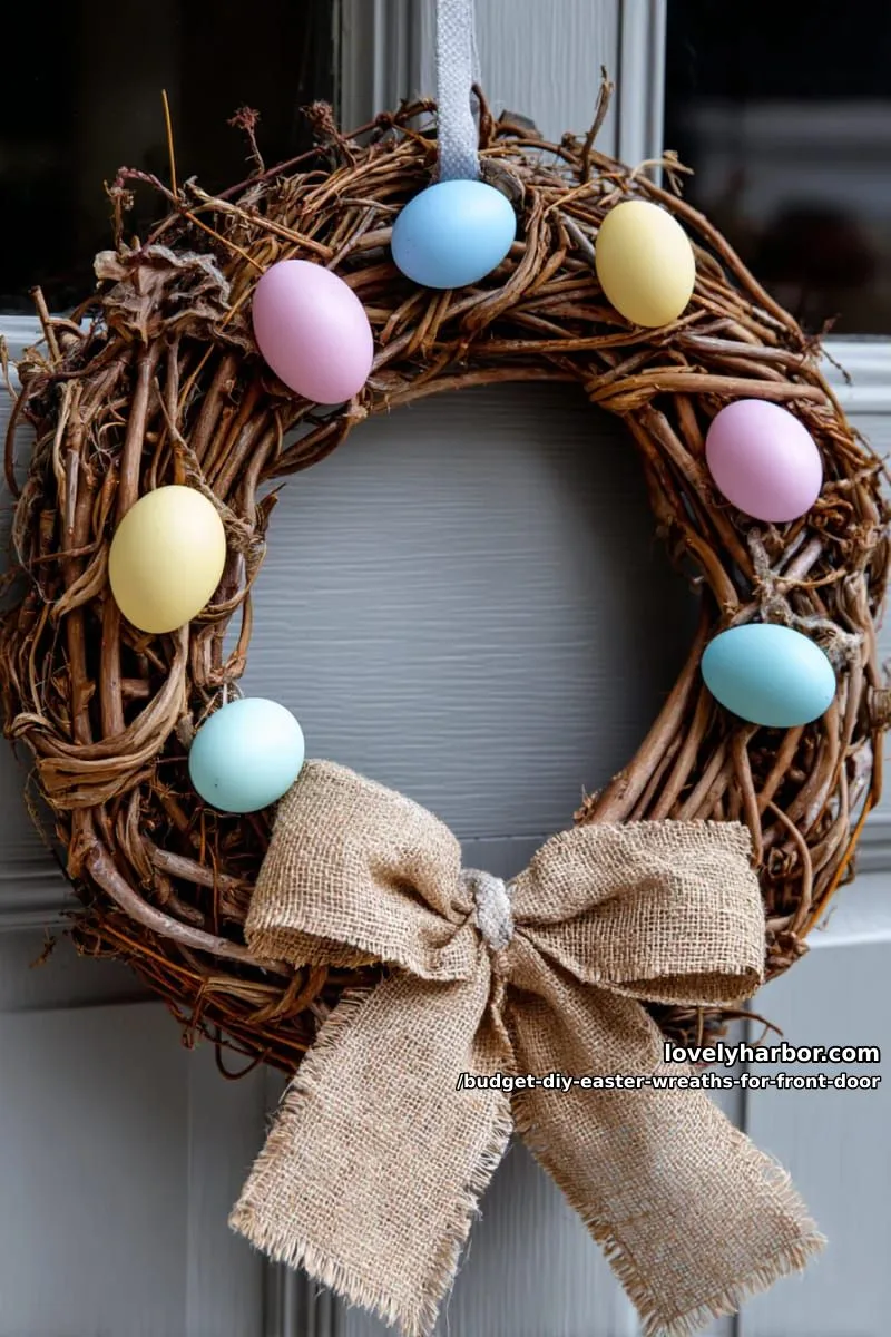 minimalist grapevine wreath with pastel plastic eggs and burlap ribbon bow 1