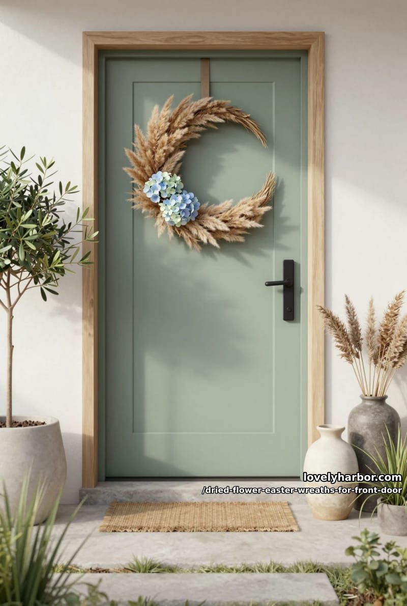 minimalist half-moon wreath with dried pampas grass and pale blue hydrangeas 1